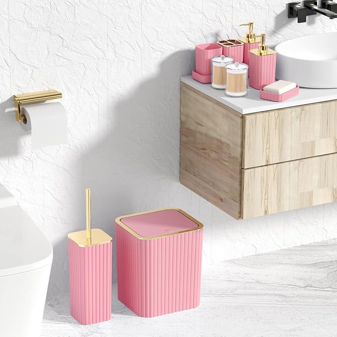 Pink Bathroom Accessories Set - Gorgeous Bathroom Set, 10PC Bathroom Accessory Set, Toilet Brush, Trash Can, Qtip Holder & Soap Dispenser