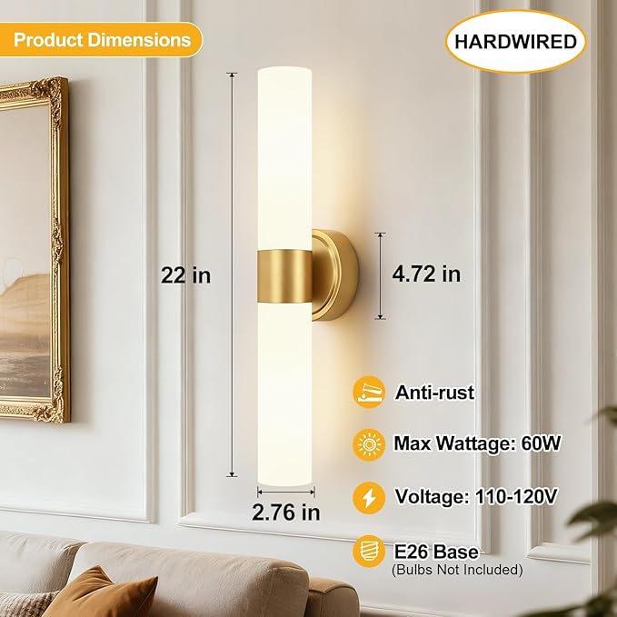 Wall Sconces Set of Two, Modern Bathroom Sconces Wall Lighting with Milky White Glass, Brushed Gold Sconces Wall Decor Set of 2 for Bathroom Mirror Bedroom Living Room Hallway (HARDWIRED)
