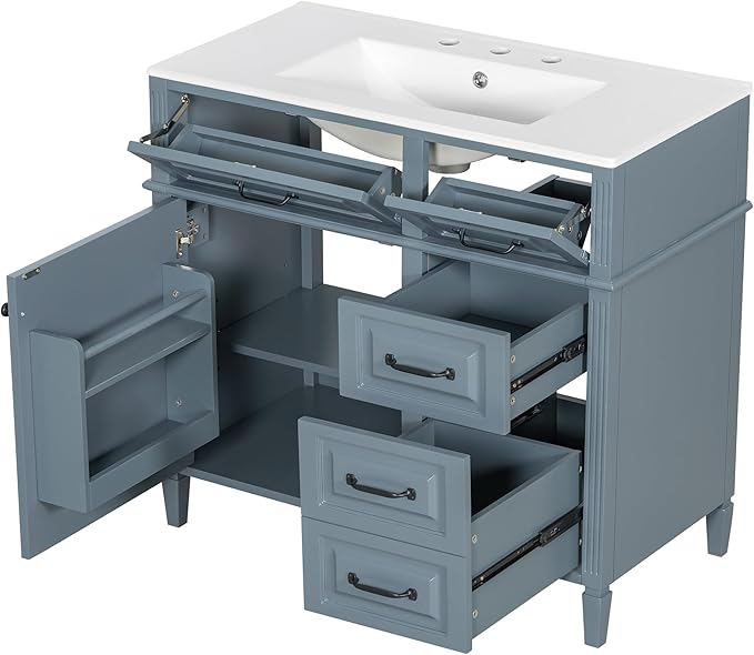 Harper & Bright Designs 36" Bathroom Vanity with Sink, Free Standing Vanity Set with 4 Drawers, Storage Racks, and Adjustable Shelf, Wood Bathroom Cabinet with Ceramic Basin for Bathroom, Blue Grey