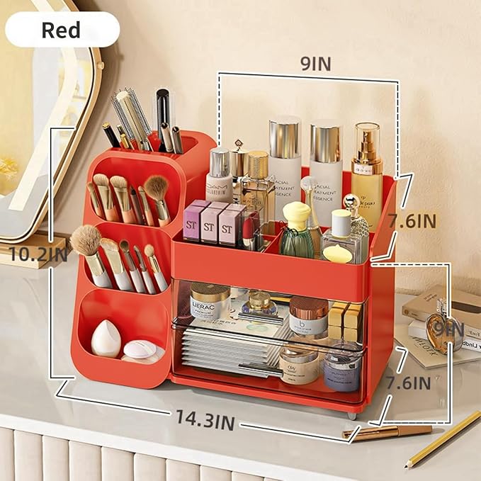 Red Makeup Organizer with Drawers for Vanity, Spacious Cosmetic Display Case, Perfect Storage Solution for Your Beauty Essential