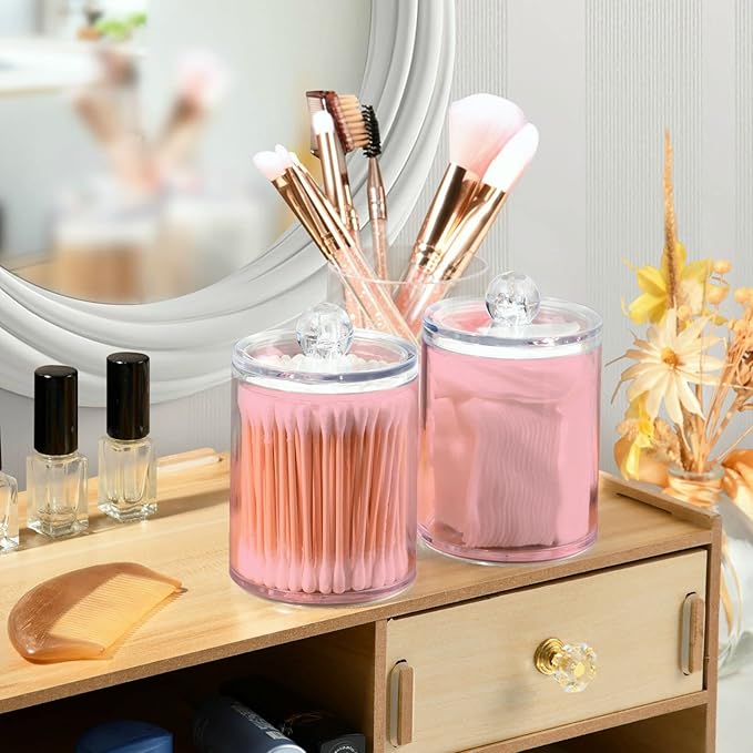 Pink Qtip Holder Organizer Dispenser Cotton Swabs Cans Plastic Jars with Lid Set 4 Pack Bathroom Storage Canister for Cotton Ball Floss Cotton Pads