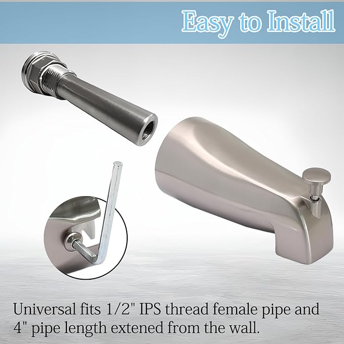 Luomorgo 1 Pc Bath Tub Spout with Diverter, Brushed Nickel Tub Spout Universal Fits 1/2" Copper Water Pipe, Bathroom Shower Bathtub Faucet Spout with Hex Wrench, Thread Tape