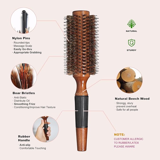 BESTOOL Round Brush for Drying, Boar Bristle Hair Brush, Large Round Style Brush for Women and Men, Smoothing, Curling, Adding Shine (2.5 Inch)