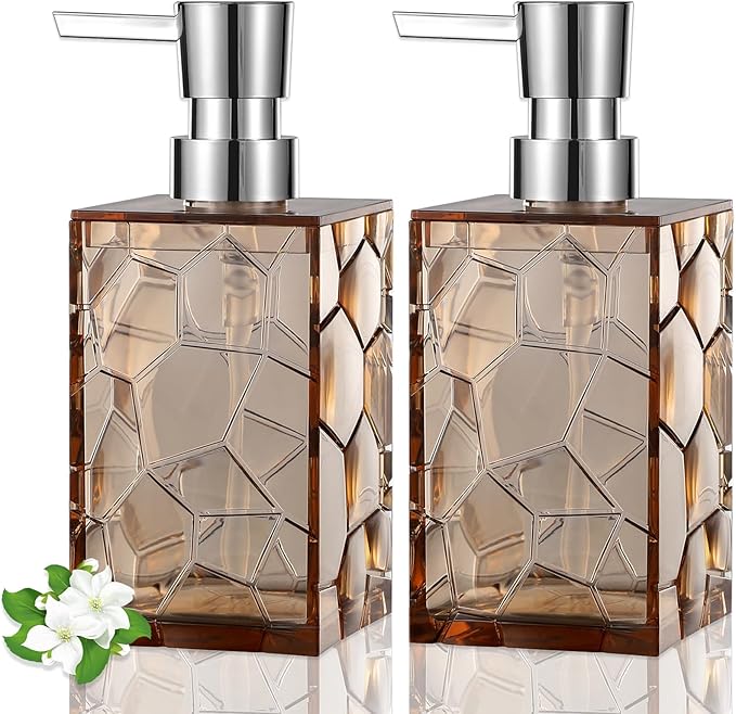Hand Soap Dispenser, Clear Acrylic Plastic Liquid Pump Bottles Refillable Lotion Dispenser for Bathroom Decor Kitchen College Dorm, Light Brown 2 Pack