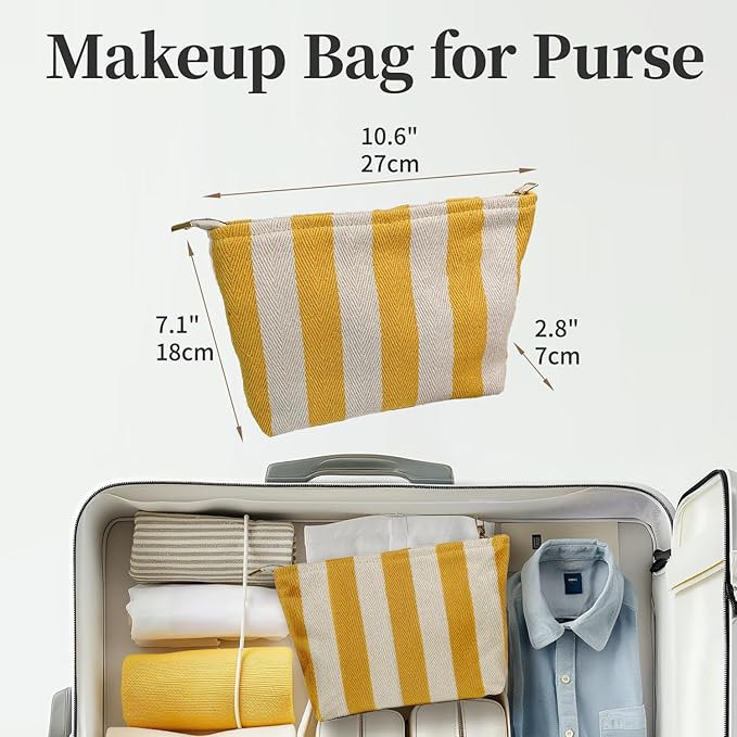 Yellow Striped Makeup Bag for Women, Canvas Cosmetic Bag, Travel Pouch for Purse, Zipper Makeup Pouch, Perfect for Storing Makeup Accessories, Daily Make up Organizer Gifting, Car Cosmetic Organizer