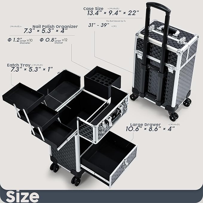 Hododou Rolling Makeup Case Cosmetic Travel Trolley Storage Sliding Drawer 4 Tray Makeup Travel Case with Wheels Salon Barber Case Traveling Cart Trunk for Cosmetologist Nail Tech Hairstylist Black