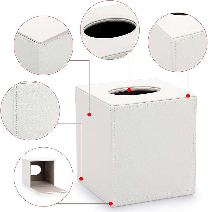 Sumnacon Tissue Box Cover Square Tissue Box Stylish PU Tissue Box Holder with Magnetic Bottom, Cube Leather Tissue Cover for Living Room Bathroom Table Desk Home Office Car, White