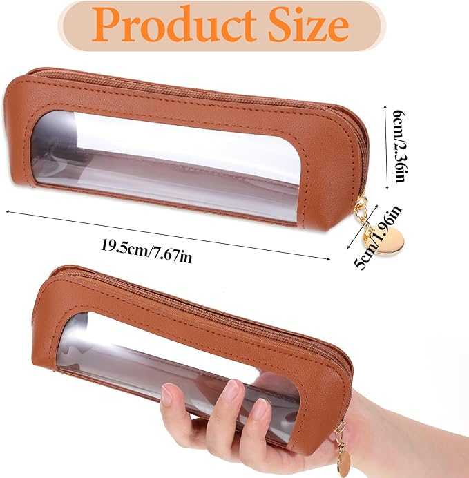 Small Clear Makeup Pouch, PU Leather Makeup Brush Bag Portable Travel Mini Cosmetic Bag Transparent Waterproof Organizer Pouch with Zipper for Women Home Travel Office Cosmetic Storage (Brown)
