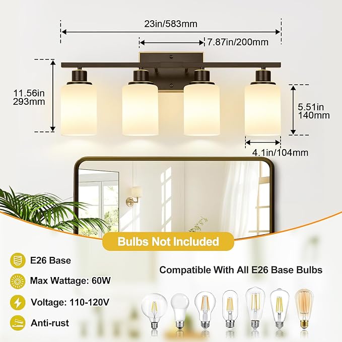 4-Light Bathroom Light Fixtures, Brown and Gold Vanity Lights with Milk Glass Shades, Modern Bathroom Wall Lamp for Mirror Living Room Bedroom Porch