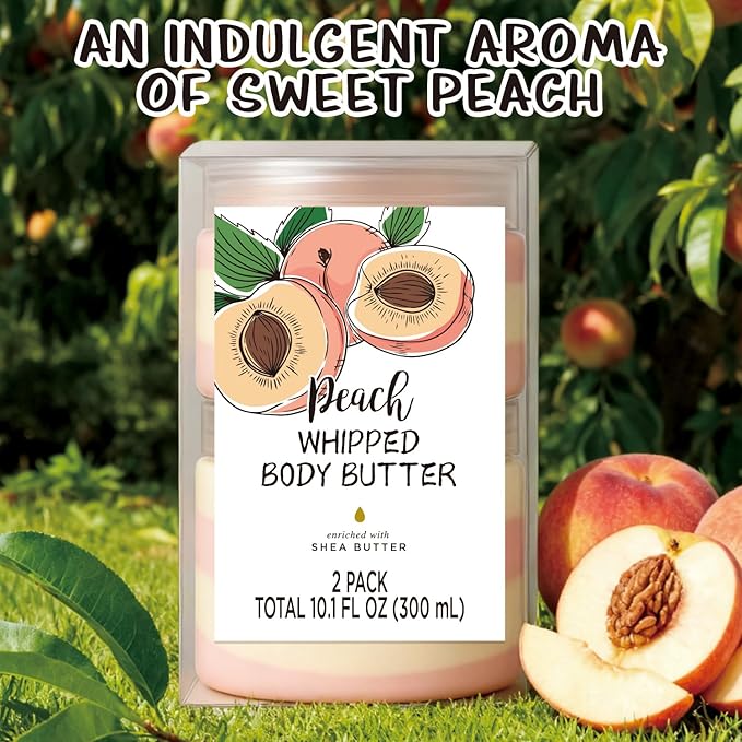 Peach Whipped Body Butter, Shea Body Butter for Women Dry Skin, Natural Peach Lotion for Body Moisturizer-Deep Moisturizing and Softening-3.4 floz+6.8 floz(100ml+200ml)