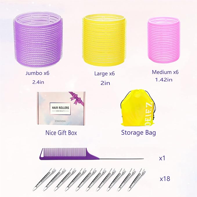 38Pcs Hair Rollers Set,Hair Rollers for Blowout Look, Self Sticky Hair Curlers, Jumbo Large Medium Sizes for Short Long Hair,with18 Rollers 18 Metal Clips & Comb & Storage Bag (Gift Pack)