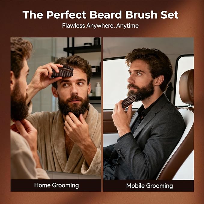 Beard Brush for Men, Travel Pocket Mustache Brushes Grooming Kit with Natural Boar Bristle and Sapele Wood, Folding Scissors & Pouch, Facial Hair Brush Detangles & Shine, Stocking Stuffers