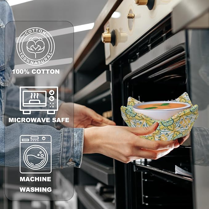 Cotton Microwavable Bowl Cozy, Microwave-Safe Hot Bowl Holders, Soup bowl Cozy Hot Pads (Vintage Tile)
