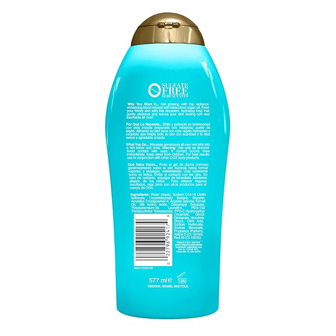 OGX Radiant Glow + Argan Oil of Morocco Extra Hydrating Body Wash for Dry Skin, Moisturizing Gel Cleanser - Silky Soft Skin, Body Wash for Women, Sulfate-Free Surfactants, 19.5 fl oz (Pack of 4)