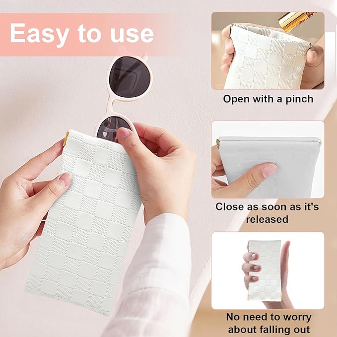 2PCS Small Makeup Bag for Purse, Mini Leather Pocket Cosmetic Bag for Women, Waterproof Portable Makeup Pouch No Zipper Coin Purse Lipstick Bag Accessories, Checkered Travel Storage Bag (White)