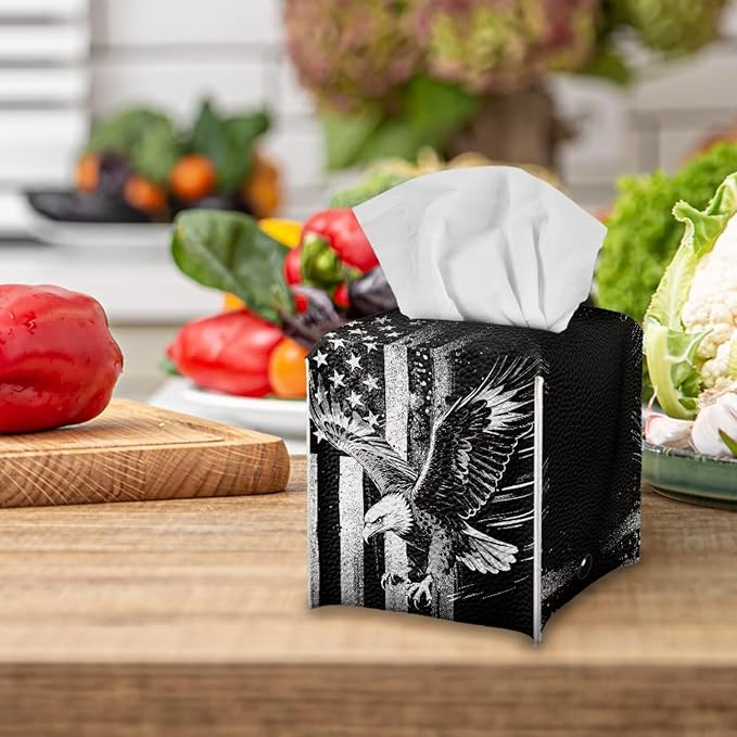 American Flag Eagle Portable Tissue Box Holder, Lightweight PU Leather Square Tissue Cover with Metal Button, Easy Refill Waterproof Napkin Dispenser for Travel, Car, Office, and Bedroom