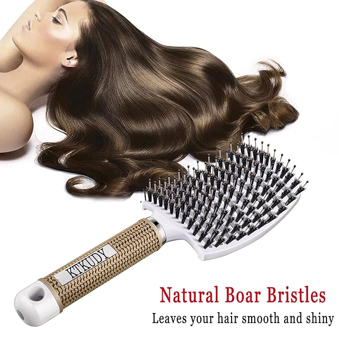 KTKUDY Detangling Hair Brush - Boar Bristle & Tangle-Free Design for Kids, Women, and Men - Perfect for Wet and Dry Hair - Smooth, Magical Pain-Free Styling (White)