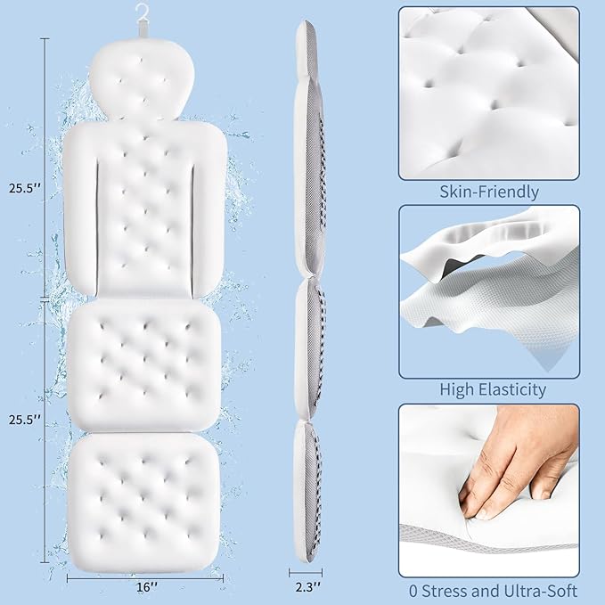 Luxury Bath Cushion, Full Body Bathtub Pillow with 160 Suction Cups, Bath Mat for Head and Neck Support, with Laundry Bag (White, 51" x 16")