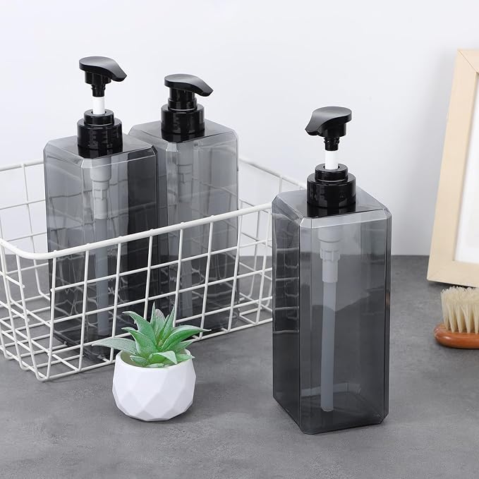 Suream 3 Packs Shampoo Dispenser, 27oz/800ml Square Plastic Shower Bottles Refillable with Labels, Shampoo Pump Dispenser for Bathroom Vanities, Grey