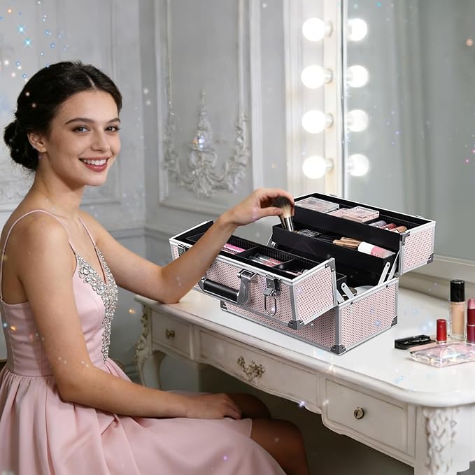 Stagiant 12.6 Inch Large Makeup Train Case, Professional 4 Trays Cosmetic Cases Makeup Storage Organizer Box Beauty Make Up Box with Lock&Adjustable Compartments for Nail, Accessories, Skincare, Pink