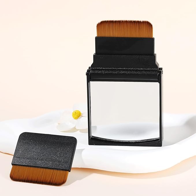 ENERGY Kabuki Brush Flat 2PCS Portable Folding Case with Mirror – Travel Makeup Brush for Foundation, Powder & Contour, Compact Mini Cosmetic Tool with Magnetic Closure Vegan for Purse or Travel Bag