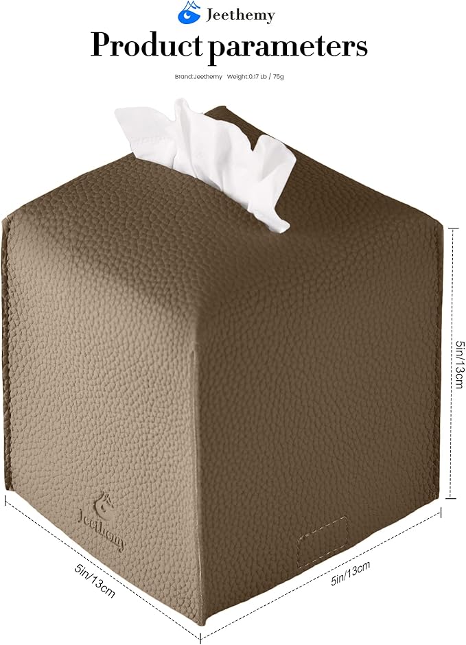 Tissue Box Cover, Jeethemy Square PU Leather Tissue Box Holder, Modern Tissue Case Facial Paper Organizer Dispenser，5X5X5'',Single Cocoa Brown