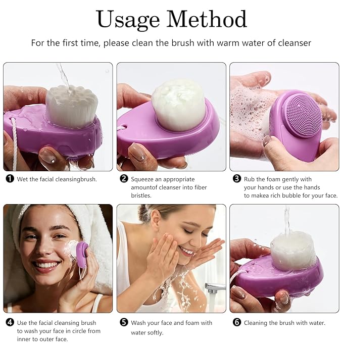 Facial Cleansing Brush 2 Pack, 2 in 1 Silicone Face Scrubber for Men Exfoliating Pore Deep Cleansing, Dual Sided Face Wash Brush with Soft Bamboo Charcoal Microfiber and Lid for Women, Purple