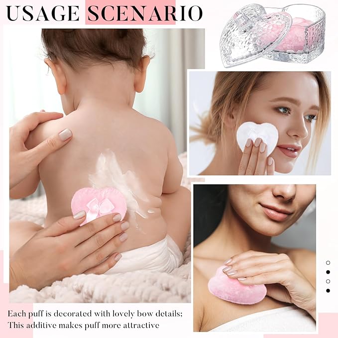 Tioncy 3 Pcs Large Body Powder Puff and Container Valentine's Day gift Powder Container with Puff Crystal Case Soft Washable Reusable Velour Face Body Glitter Wet Dry Makeup(Hammered Heart,Clear)