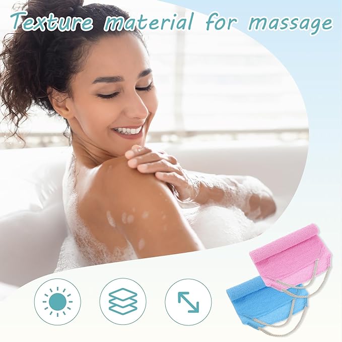 Body Scrubber with Handles Exfoliating Washcloth Towel for Shower Bath 2Pcs Nylon Back Exfoliator Extended Length Back Washers Back Scrubber Towel Stretchable Pull Strap for Sensitive Rough Skin