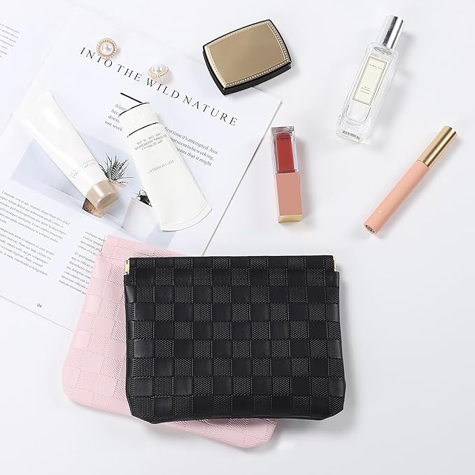 Sightor 2PCS Pocket Cosmetic Bag for Purse, Checkered Makeup Bag Portable Leather Cosmetic Bag for Women, Coin Purse Lipstick Cosmetic Accessories Organizer Travel Cosmetic Pouch (Black, Pink, L)
