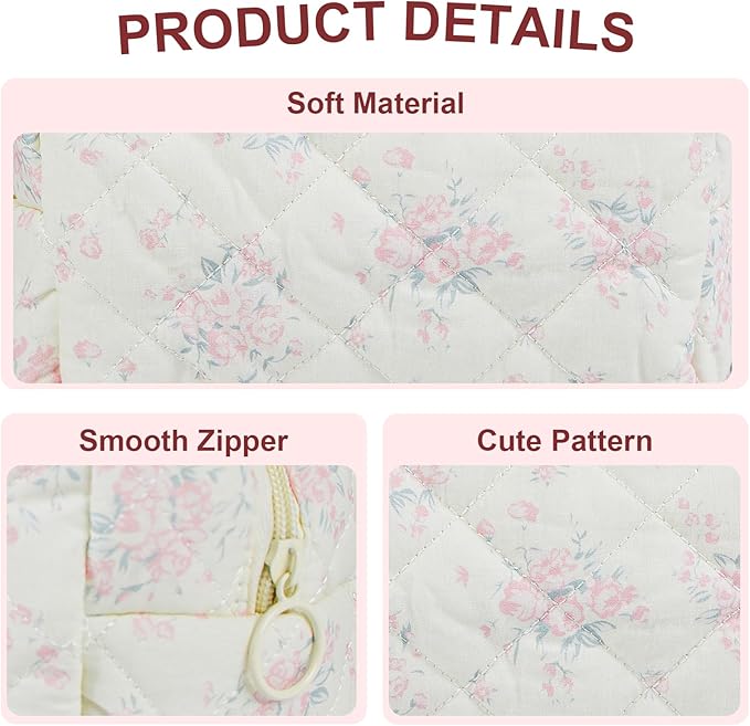Quilted Makeup Bag Floral Cotton Make up Bag Puffy Coquette Makeup pouch Aesthetic Cute Travel Toiletry Bag for Women Girls
