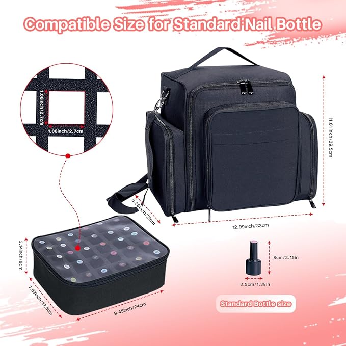 Nail Polish Organizer Storage Box, Holds 90 Bottles of Nail Polish, Portable Travel Case with 3 Separate Storage Bags, Can Be Used for Nail Art Supplies, Manicurists, etc Black