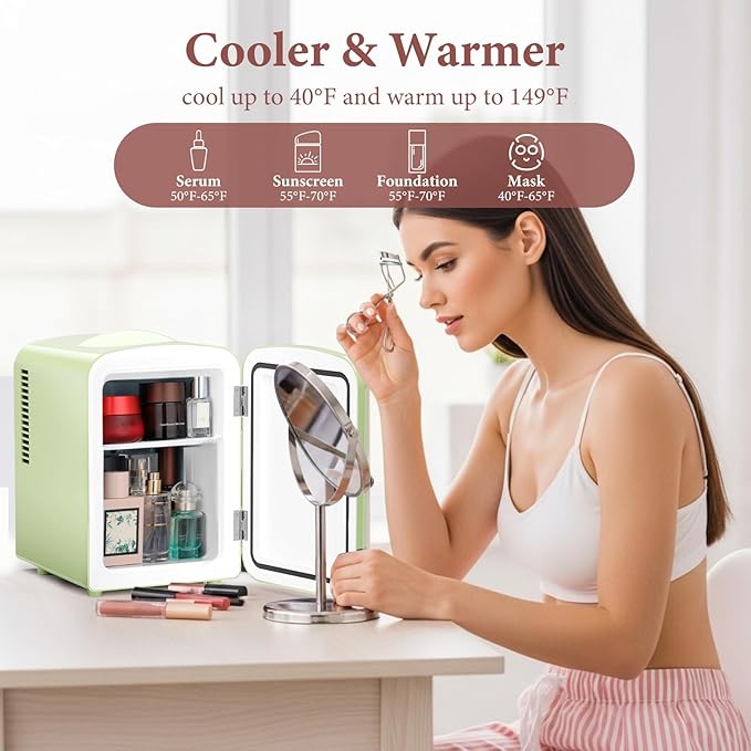 Xbeauty Retro Mini Fridge, Compact Refrigerator with 4L Capacity/6 Cans，Cooler & Warmer, Removable Shelf for Skincare, Beverages, Cosmetics, Perfect for Dorm, Bedroom, Green