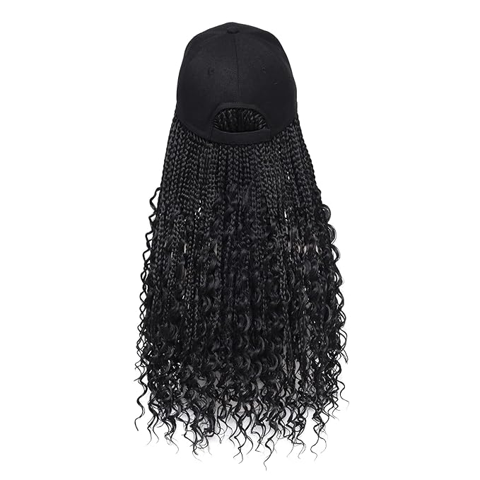 GUOJIAN Goddess Box Braiding Baseball Cap Wig, Black Bohemian Curly Ends Box Braids Hat with Braided Hair Extensions for Black White Women, Synthetic Braids Hat Wig with Hair Attached