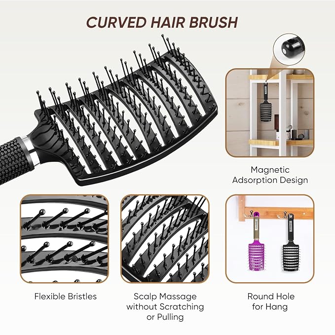 2 Pack Curved Vented Detangling Brush for Wet and Dry Hair, Paddle Styling Hair Brush for Faster Blow Drying, Detangler Brush for Women Men Curly Thick Hair