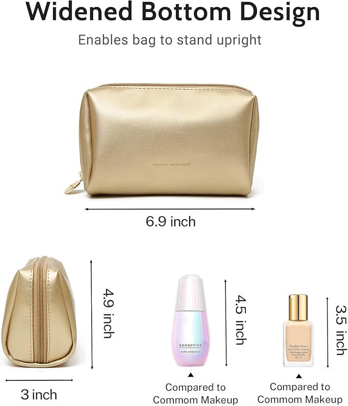 Aveniee Small Travel Makeup Bag, Vegan Leather Cosmetic Pouch for Purse,Wide-open Toiletry Organizer with Dividers & Zipper, Beauty Storage for Women-Gold