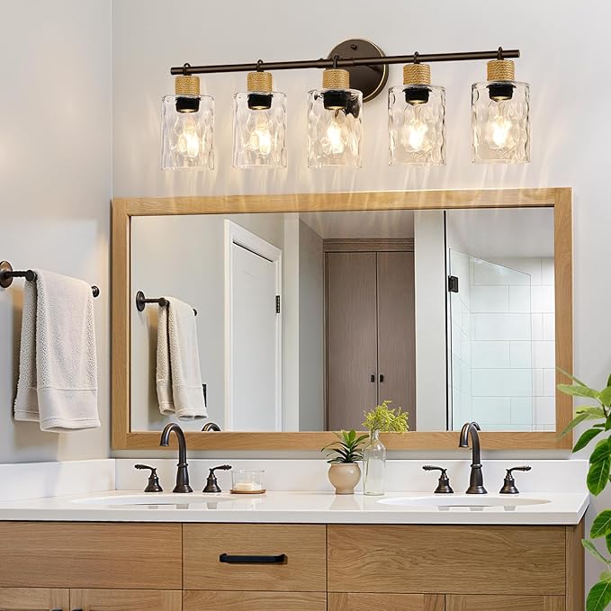 Bathroom Light Fixtures, 5-Light Coastal Vanity Lights with Crystal Glass Shade, Oil-Rubbed Bronze Bathroom Wall Lamp for Mirror Kitchen Hallway Cabinet