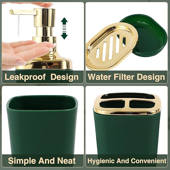 Bathroom Set Bathroom Accessories Set 8 Piece Green and Gold Bathroom Set, Bathroom Sets with Stainless Steel Trash Can,Toilet Brush,Toothbrush Set,Soap Dispenser