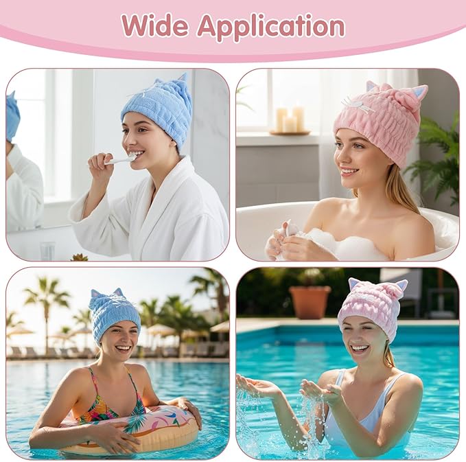 2Pcs Microfiber Hair Towel Wrap, Microfiber Hair Drying Towel Wraps with Cute Kitty Ears, Hairs Drying Caps, Ultra Absorbent Quick-Dry Turban Caps for Women & Girls (Pink & Blue 10.6" L x 9" W)
