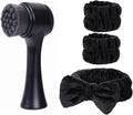 Facial Cleansing Brush 2 in 1, Silicone Face Scrubber Dual Face Brush for Deep Pore Cleansing Exfoliating, Skincare Headband and Wristbands Set for Washing Face, Massaging Spa Makeup,Black Set