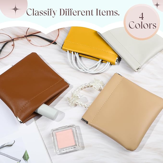 ISKYBOB 4Pcs Small Makeup Bag for Purse, 4.7in Pocket Cosmetic Bag Organizers, Waterproof PU Leather Pouches for Purse, Portable Squeeze Coin Purse for Women Mini Travel Jewelry Storage Pouch(Autumn)