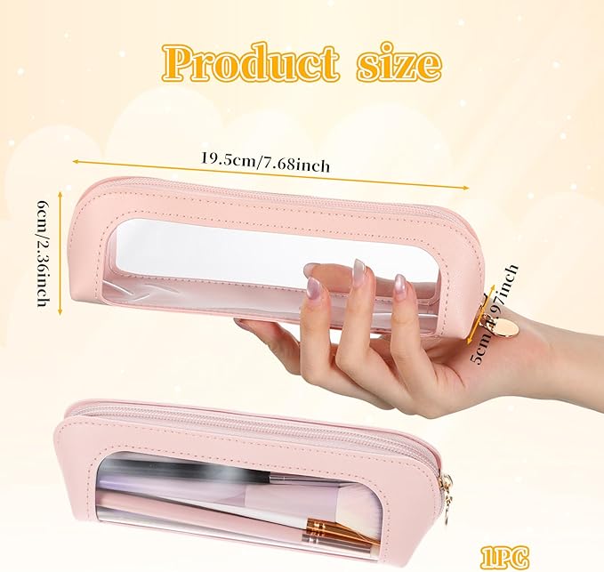 Lusofie Small Clear Makeup Bag, PU Leather Makeup Brush Bag, Portable Clear Make-Up Brush Pouch with Zipper, Multi-use Cosmetic Organizer Bags for Women (Pink)