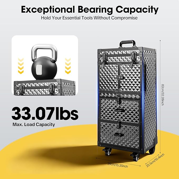 Lockable Makeup Train Case,33.07lbs Rolling Hairdressing Trolley,Beauty Salon Cosmetic Luggage with Universal Wheels for Hair Stylist,Make-up Artists (Black 3)