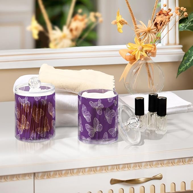 2 Pack Purple Butterflies Apothecary Jars with Lid, 12 Oz Clear Plastic Apothecary Jar Set Qtip Holder Storage Containers for Cotton Ball Swabs Bathroom Vanity