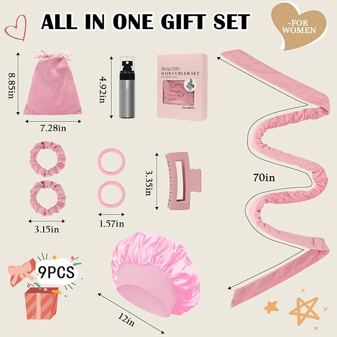 ZILAMPU No Heat Overnight Curl Headband, 70" Soft Wave Hair Rollers for Long Hair, 9 PCS Hair Curling Rods Gift Set - Pink