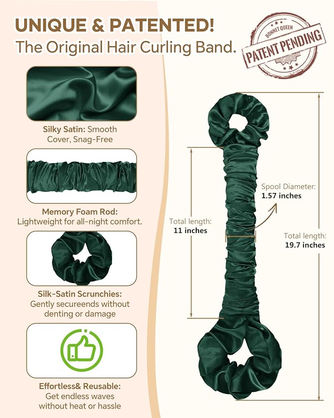 BONNET QUEEN Satin Heatless Hair Curler, Overnight Curls for Long Hair, ultra soft Heatless Curling Rod & 2 Scrunchies,Damage-Free Styling, Soft Hair Curlers for Overnight Use(Dark Green)