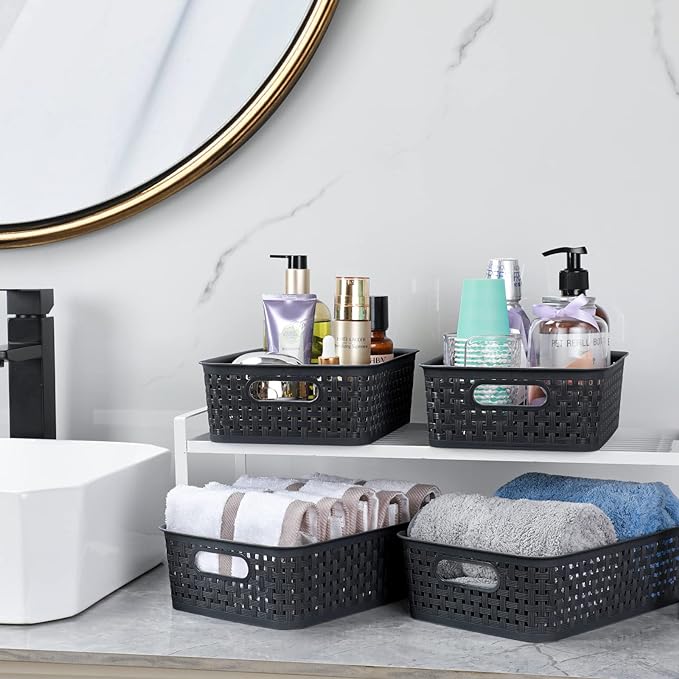 [ 12 Pack ] Plastic Storage Baskets, Small Pantry Organization and Storage Bins, Household Organizers for Laundry Room, Bathrooms, Kitchens, Cabinets, Countertop, Under Sink or Shelves, Black
