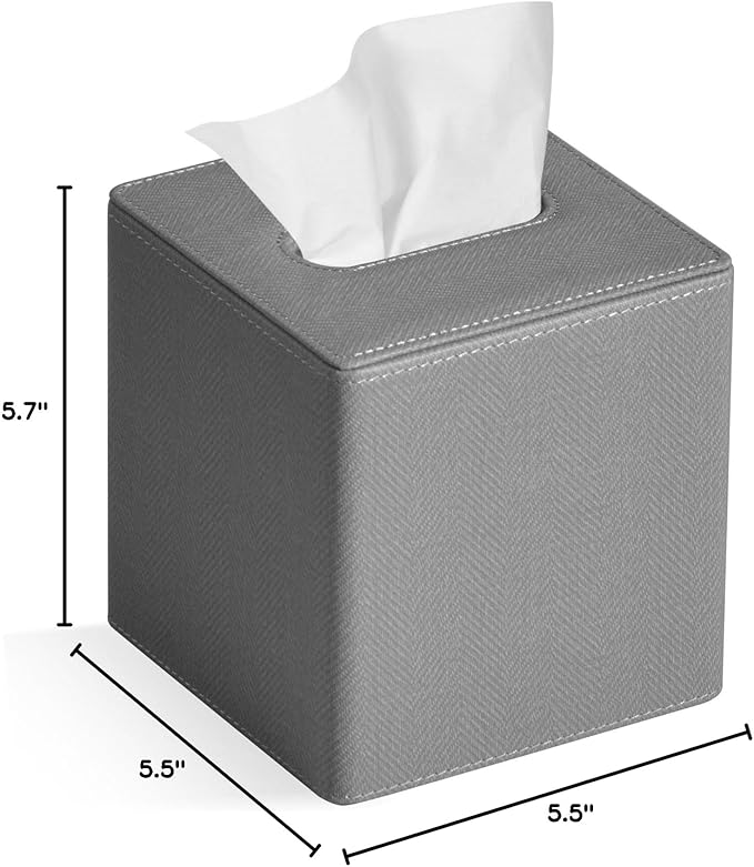 Tissue Box Cover Square PU Leather Facial Tissue Box Holder for Dresser Bathroom Decor (Linen Grey)