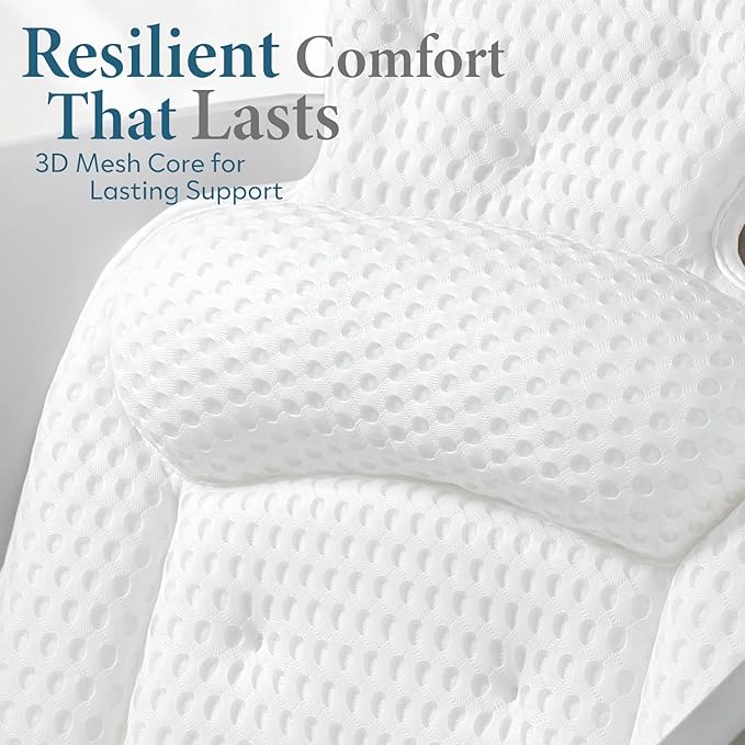 Bath Pillows for Tub, Comfortable Bathtub Cushion for Head and Neck with Soft 3D Mesh Fabric and 54 Non-Slip Suction Cups, Relaxing Tub and Shower Accessories Spa Gift White Extra Thick