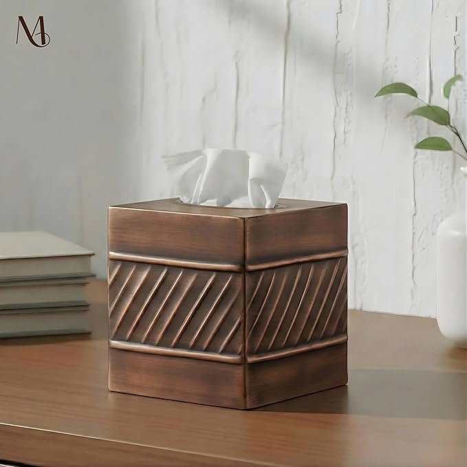 Monarch Abode Tissue Box Cover Square – Handcrafted Wave Embossed Antique Copper Metal Tissue Holder Box for Bathroom Accessory, Aesthetic Decorative Facial Napkin Cube for Modern Home Decor